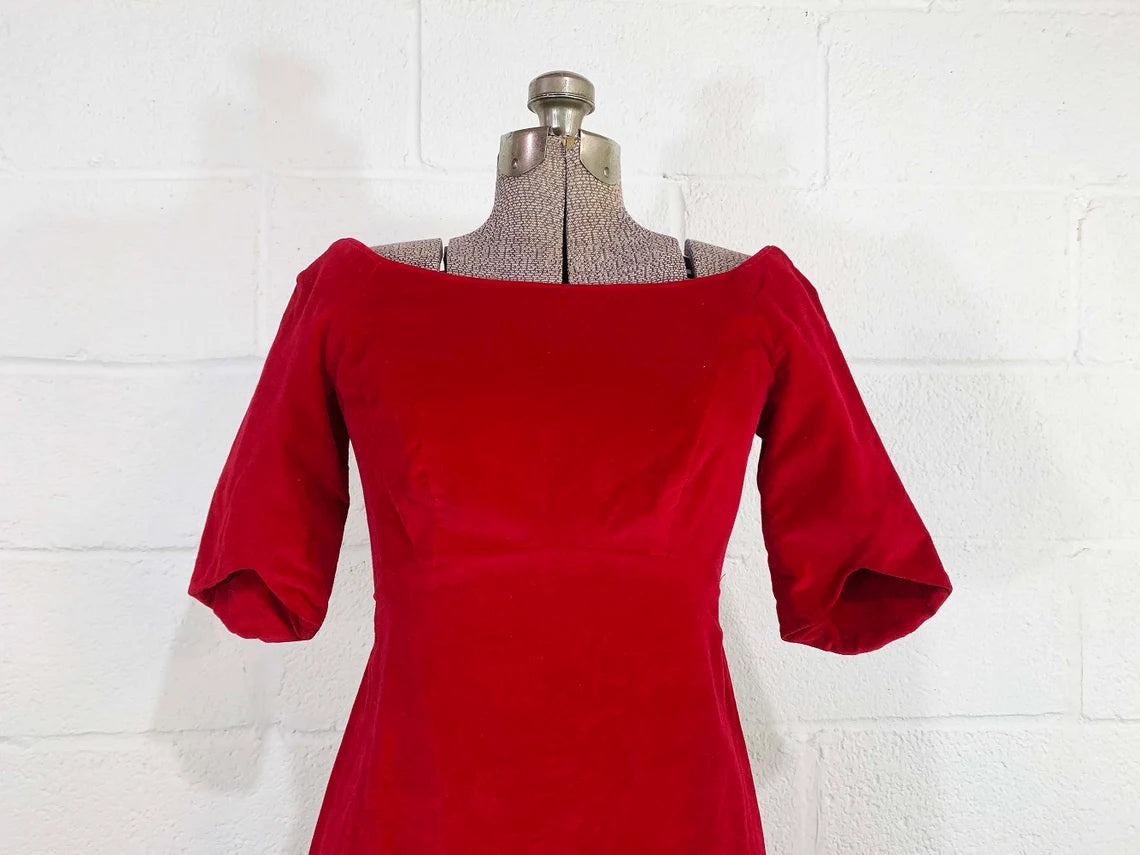 Vintage Red Velvet Gown Dress 3/4 Sleeves Party Evening Prom Wedding New Year's Hostess Bridesmaid Dress